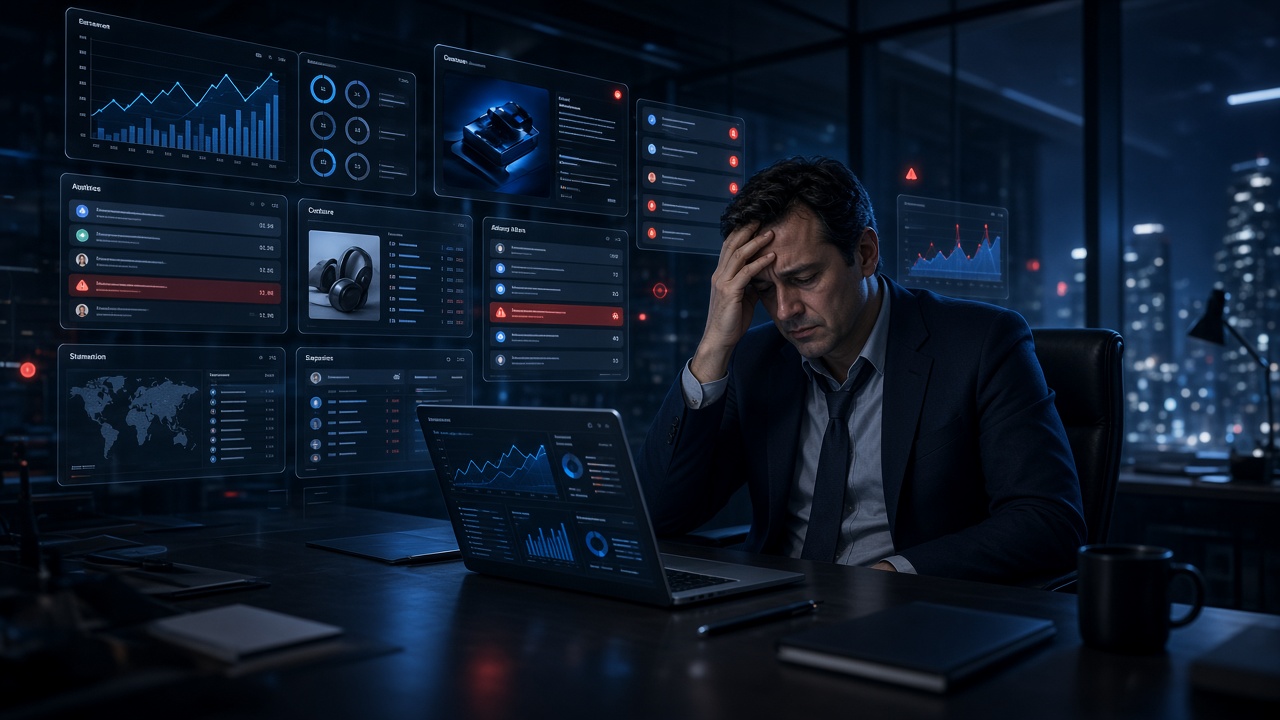 Überforderter Unternehmer im nächtlichen Büro, umgeben von holographischen Benachrichtigungen und Dashboards