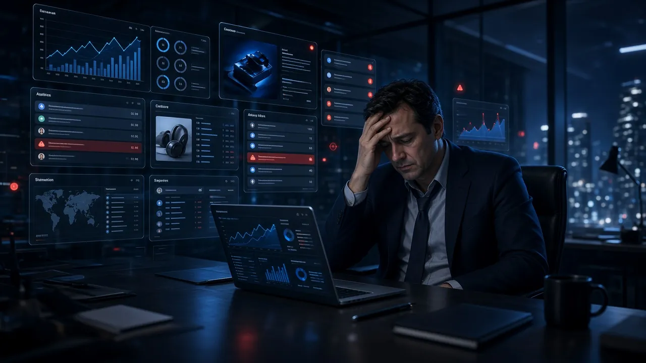 Überforderter Unternehmer im nächtlichen Büro, umgeben von holographischen Benachrichtigungen und Dashboards