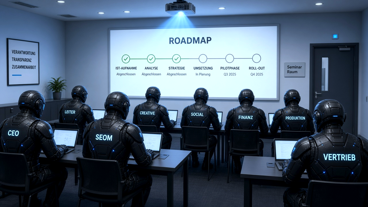 Seminarraum von schräg hinten: acht Agenten an Laptops mit Rücken-Labels CEO, Leiter, SEOM, Creative, Social, Finanz, Produktion, Vertrieb — vorne Roadmap-Projektion, rechts Tür Seminar Raum